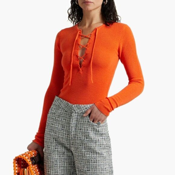 GANNI Wool Pullover Jumper Size XXS Thin Knit Lace Up Front Long Sleeves RRP€144 - Picture 1 of 7